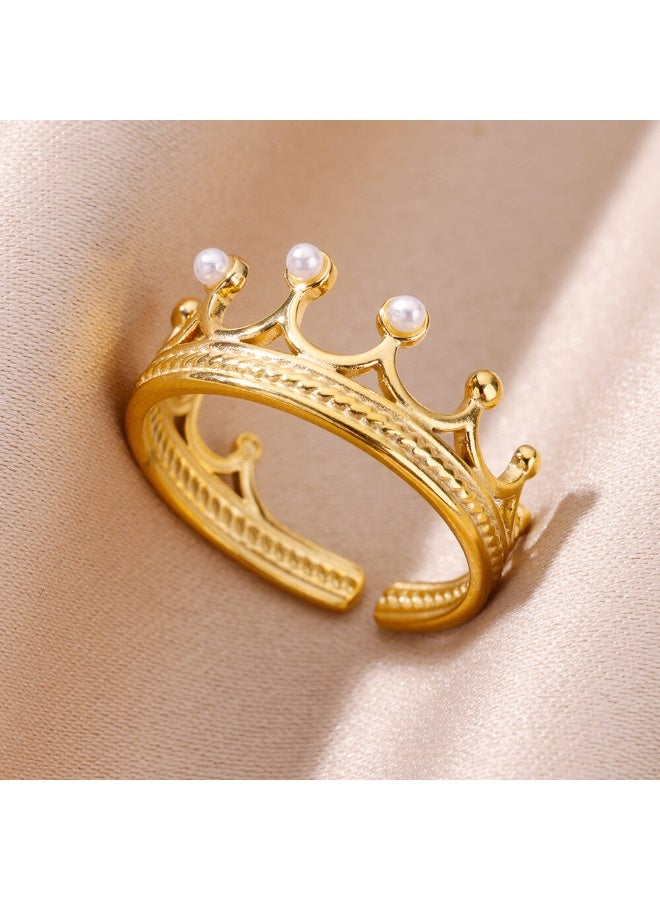 خاتم تاج ذهبي مزين باللؤلؤ – تصميم ملكي قابل للتعديل – ستانلس ستيل مضاد للحساسية - Image 1